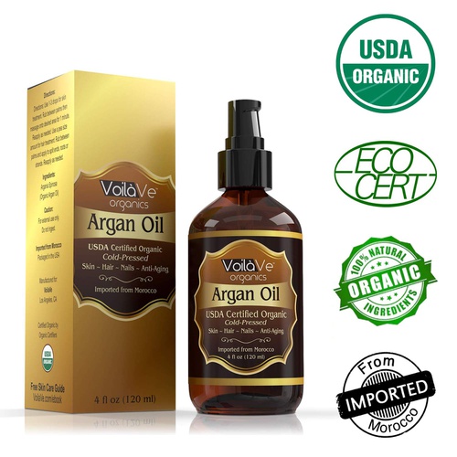  VoilaVe USDA and ECOCERT Pure Organic Moroccan Argan Oil for Skin, Nails & Hair Growth, Anti-Aging Face Moisturizer, Cold Pressed, Hair Moisturizer, Rich in Vitamin E & Carotenes,