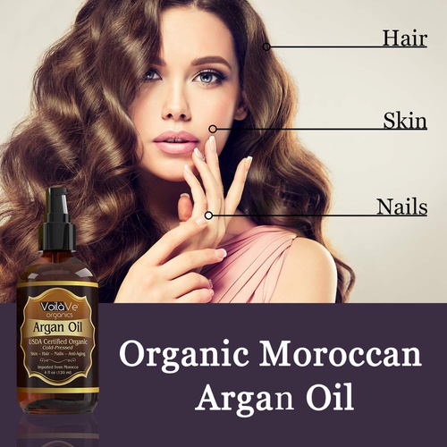  VoilaVe USDA and ECOCERT Pure Organic Moroccan Argan Oil for Skin, Nails & Hair Growth, Anti-Aging Face Moisturizer, Cold Pressed, Hair Moisturizer, Rich in Vitamin E & Carotenes,