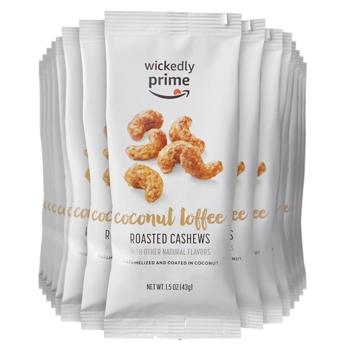  Amazon Brand - Wickedly Prime Roasted Cashews, Coconut Toffee, Snack Pack, 1.5 Ounce (Pack of 15) & Peanut Butter-Filled Pretzels, 44 Ounce