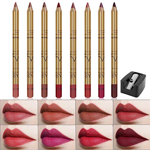  Wismee 8 Colors Lip Liner Filler Pencil Set , Waterproof Sweat-Proof Long Lasting Contour Shaping Lipstick Lip Liner Set for Woman Girl Lady with Pencil Sharpener