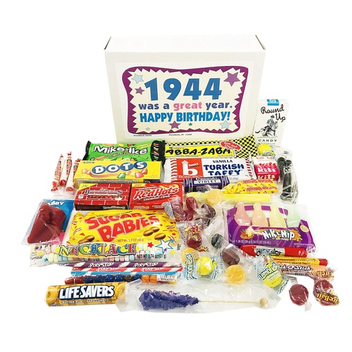  Woodstock Candy ~ 1944 77th Birthday Gift Basket Box of Nostalgic Retro Candy from Childhood for 77 Year Old Man or Woman Born 1944 Jr