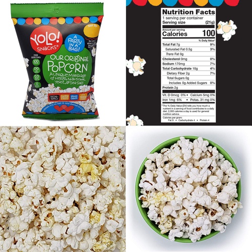  YOLO! Snacks - Individual Bag Snack Size Popped Popcorn - Gourmet Variety Pack Cheddar, Sea Salt, Maple and Original Flavors - 18 - 21 Grams - 6 Count Case