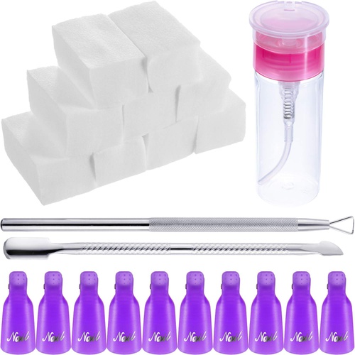  Yaomiao Nail Polish Remover Tools, Include Nail Polish Remover Bottle, Triangle Cuticle Pusher, Stainless Steel Pusher, 500 Pieces Polish Remover Cotton Pads, 10 Pieces Plastic Nail Remove