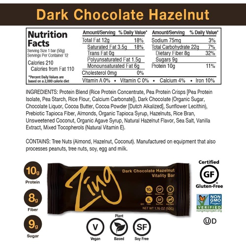  Zing Bars Zing Plant Based Protein Bar | Dark Chocolate Coconut , 12 Count | Macaroon Style Shaved Coconut | 10g Protein and 8g Fiber | Vegan, Gluten Free, Non GMO | Created by Professional
