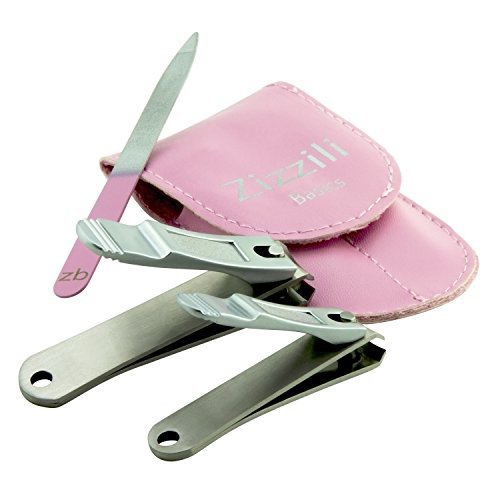  Nail Clippers by Zizzili Basics - 3 Piece Nail Clipper Set - Stainless Steel Fingernail & Toenail Clippers with Nail File & Bonus Pink Carry Case - Best Nail Care for Manicure, Ped