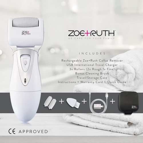  Electric Callus Remover Foot File USB Rechargeable Pedicure tools for Dry Cracked Dead Skin on your Heels and Feet by Zoe+Ruth. International Charger, 3 Rollers & Travel Friendly S
