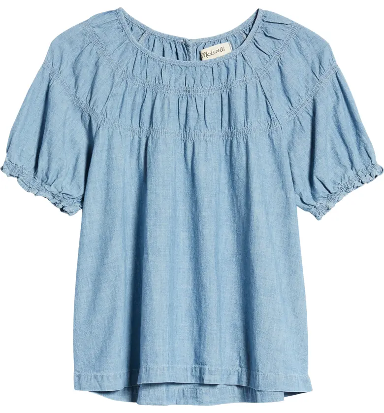 메이드웰 Madewell Cotton Denim Shirred Puff-Sleeve Top_BEADLE WASH