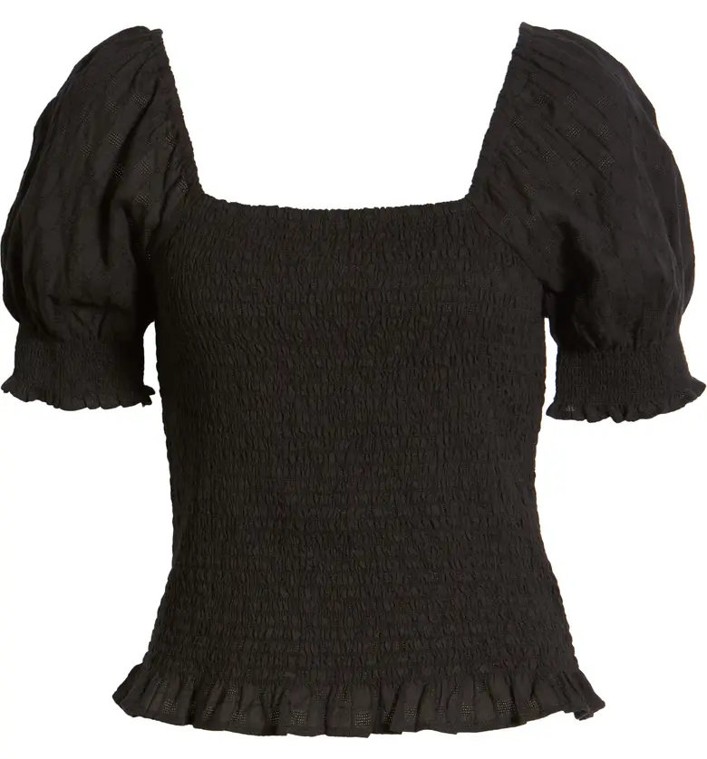 메이드웰 Madewell Lucie Puff-Sleeve Smocked Bodice Top_BLACK ON BLACK DOBBY