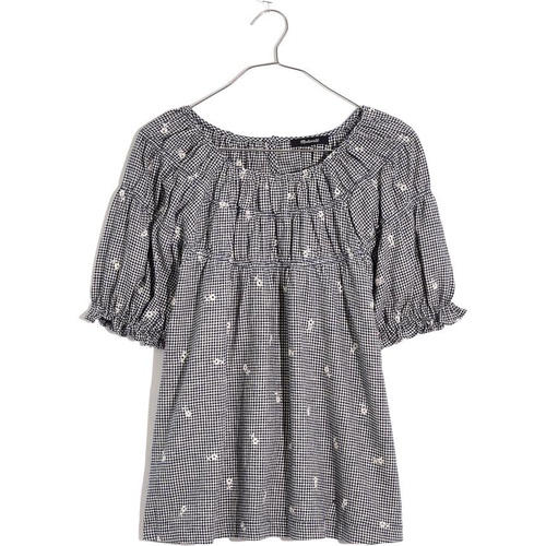 메이드웰 Madewell Embroidered Gingham Shirred Puff Sleeve Top_BENGALI INDIGO