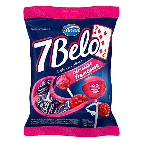 Arcor - 7 Belo - Hard lollipop Filled With Chew Candy Raspberry Flavored - 4.23 Oz (PACK OF 2) | Pirulito Duro Recheado Com Bala Mastigavel Sabor Framboesa - 120g