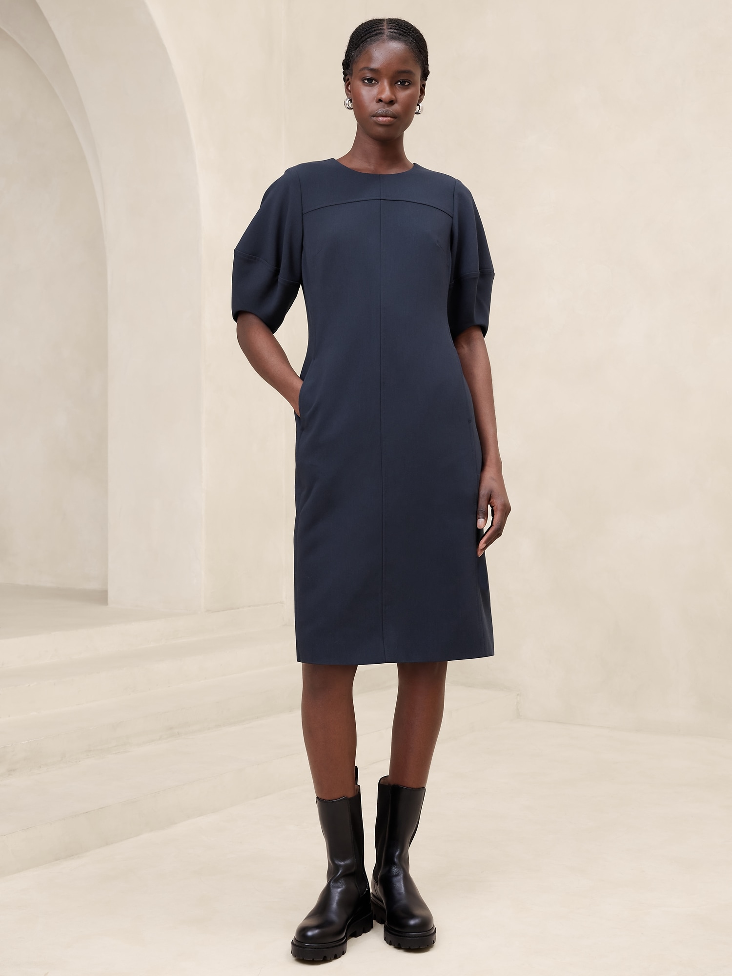 Lantern-Sleeve Knee-Length Dress