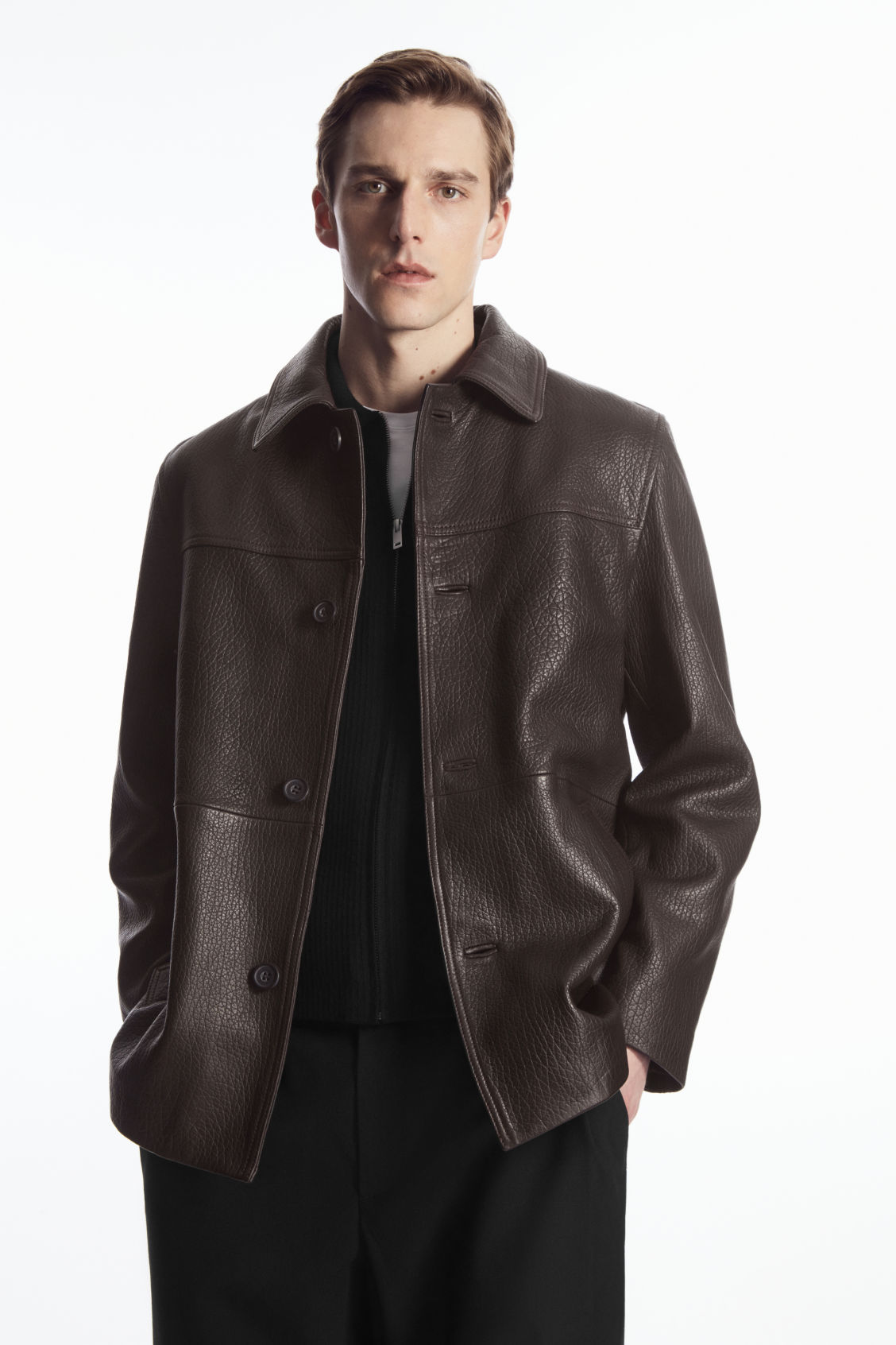 COLLARED GRAINED-LEATHER JACKET