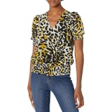 Calvin Klein Womens Printed Short Sleeve V Neck Blouse with Smocking