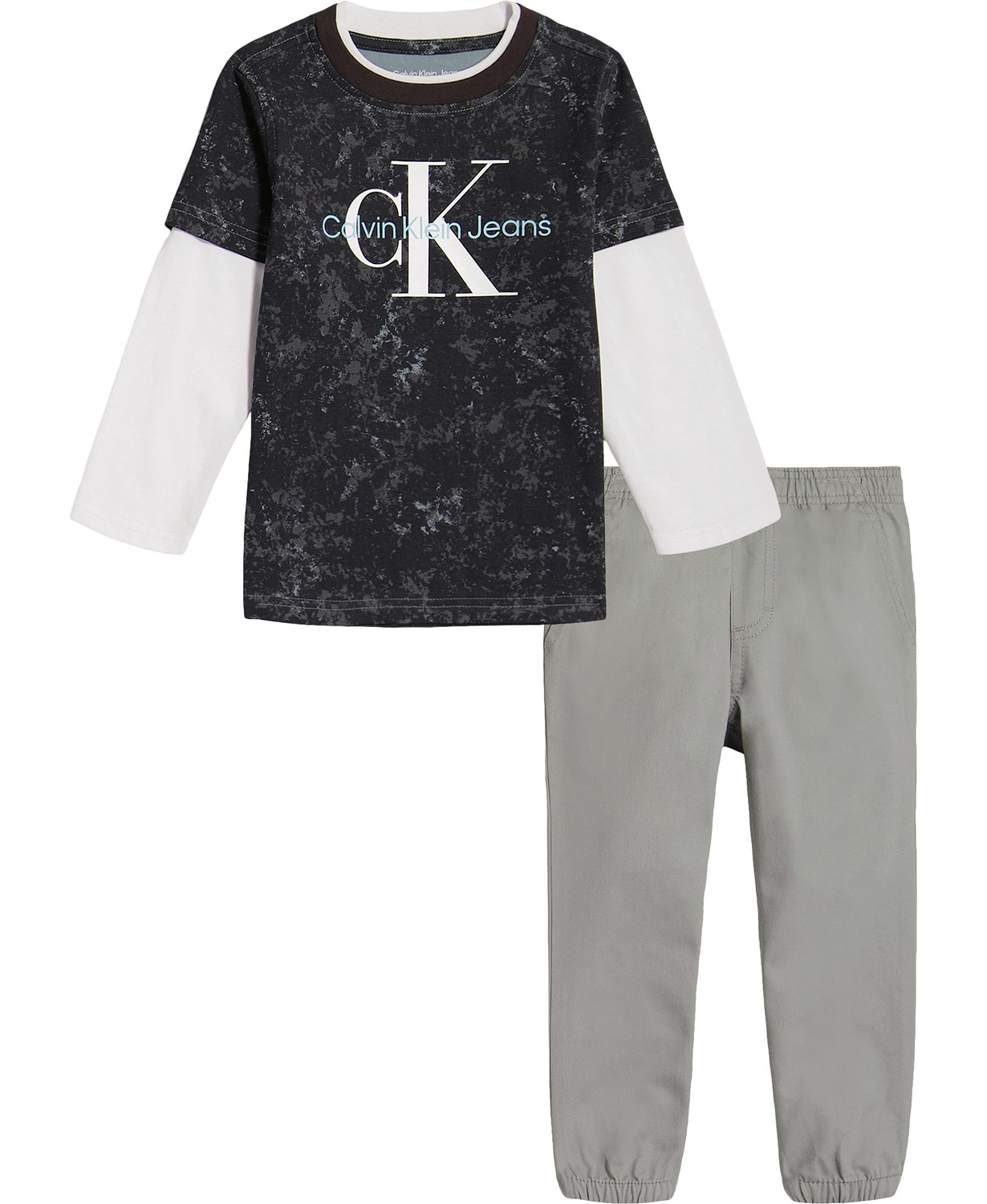Little Boys Long Sleeve Printed Twofer Logo T-shirt and Twill Joggers 2 Piece Set