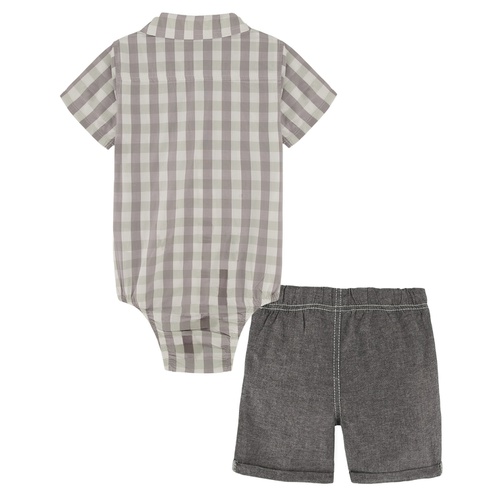  Baby Boys Woven Check Short Sleeve Poplin Bodysuit and Chambray Shorts 2 Piece Set