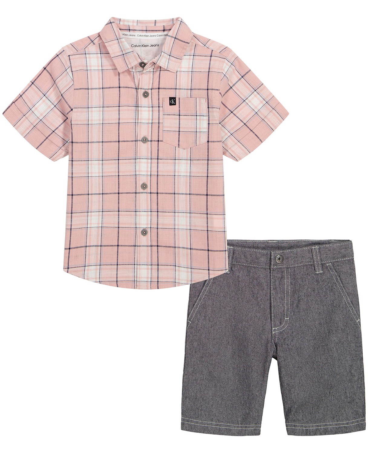 Little Boys Plaid Slub Button-Up Short Sleeve Shirt and Twill Shorts 2 Piece Set