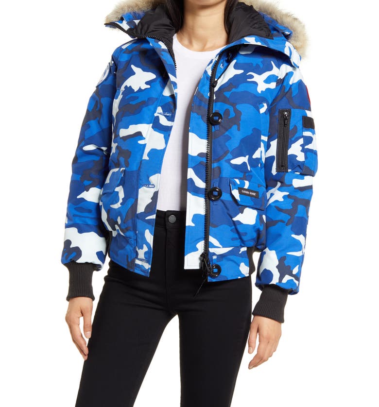 Canada Goose Chilliwack Hooded Down Bomber Jacket with Genuine Coyote Fur Trim_Blue