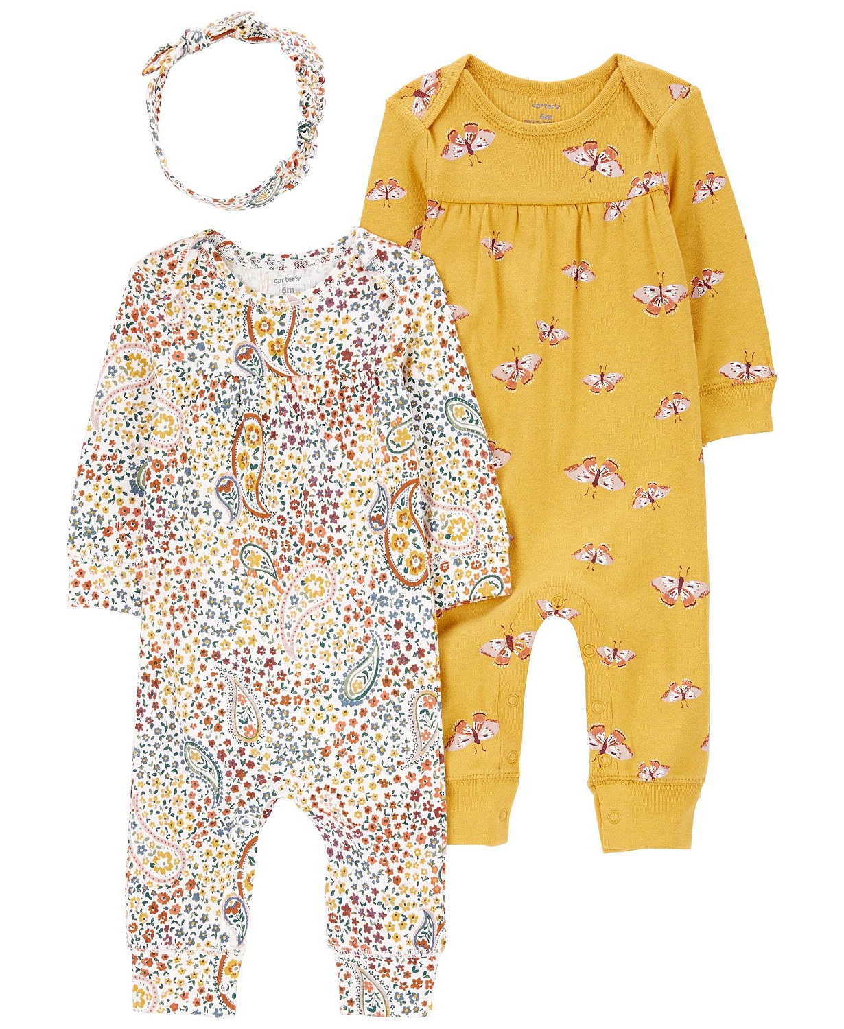 Baby Girls Footless Coveralls and Headband 3 Piece Set