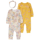 Baby Girls Pink Floral 3-Piece Jumpsuit and Headband Set