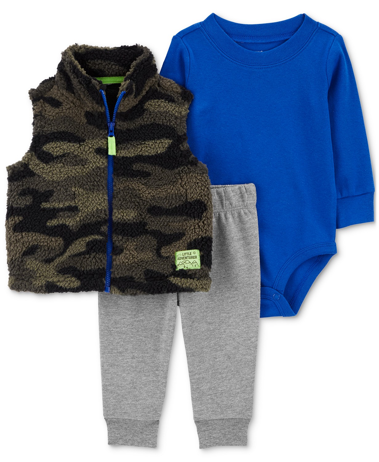 Baby Boys 3-Pc. Camouflage Full-Zip Fleece Vest Long-Sleeve Bodysuit & Solid Pants Set