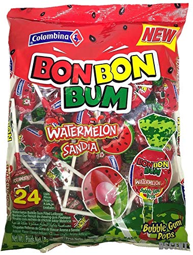 Colombina Bon Bon Bum Watermelon Bubble Gum Lollipops 24 Per Bag 2 Pack