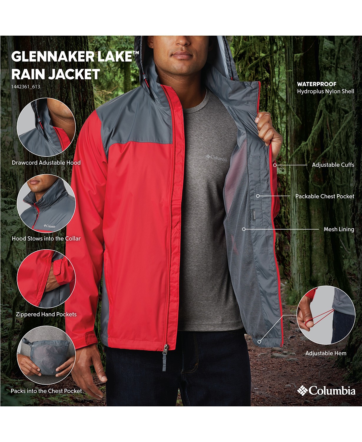 콜롬비아 Mens Glennaker Lake Rain Jacket