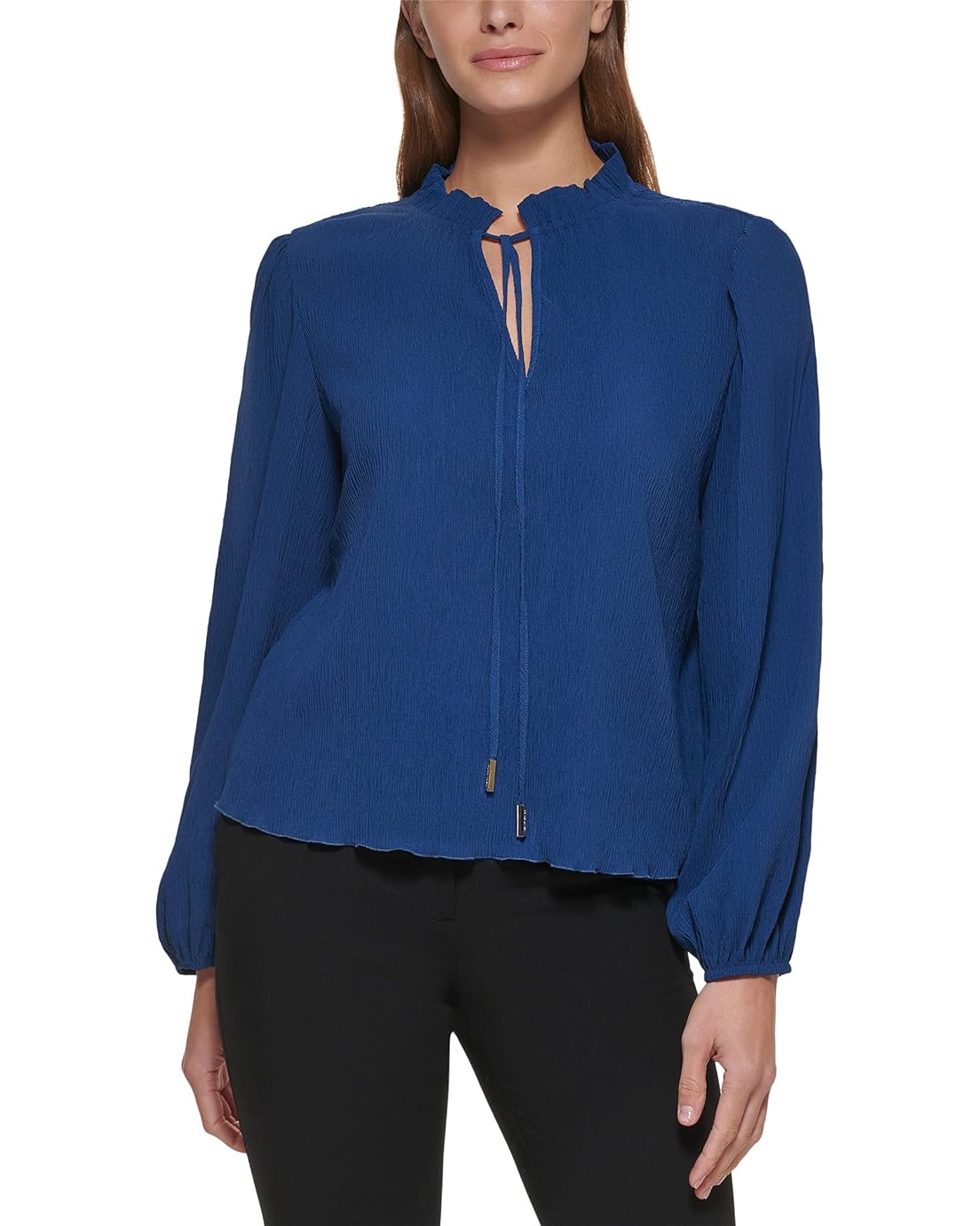 DKNY Long Sleeve Pleated Top with Neck Tie