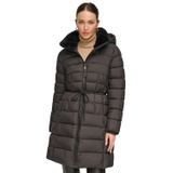 Womens Rope Belted Faux-Fur-Trim Hooded Puffer Coat