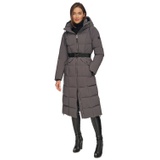 Womens Maxi Belted Hooded Puffer Coat
