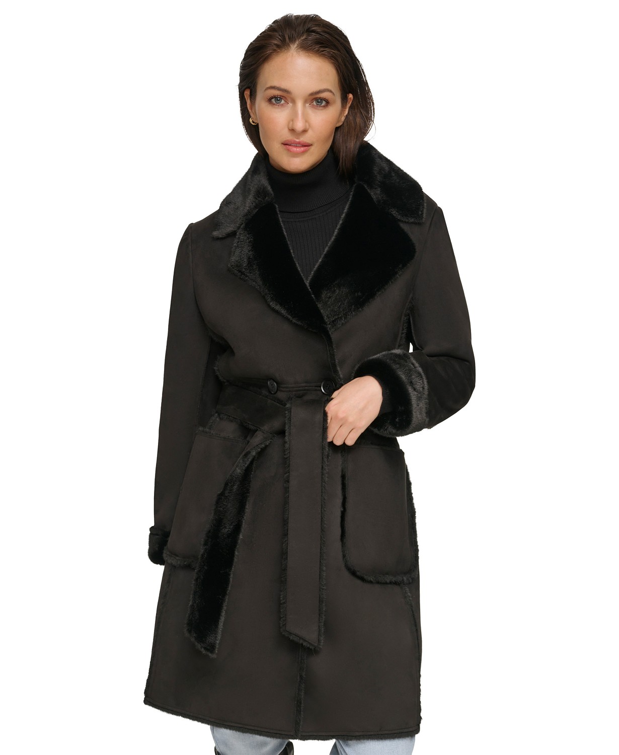 Womens Belted Notched-Collar Faux-Shearling Coat