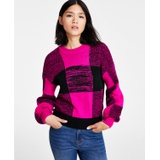 Womens Box Plaid Long-Sleeve Pullover Sweater