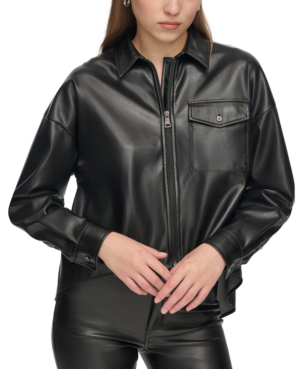 Womens Zip-Front Faux-Leather Long-Sleeve Shirt