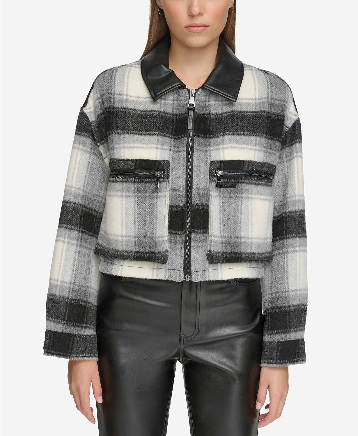 Womens Faux-Leather-Trim Cropped Plaid Jacket