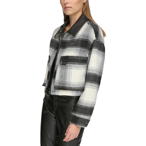 DKNY Womens Faux-Leather-Trim Cropped Plaid Jacket