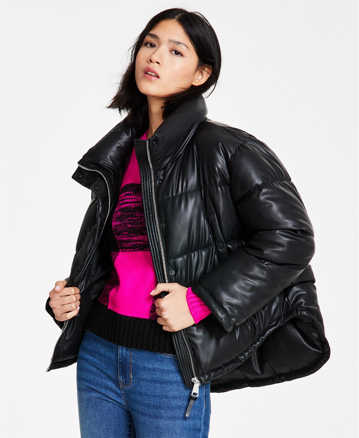 Womens Faux-Leather High-Low Hem Puffer Jacket
