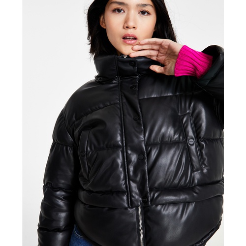DKNY Womens Faux-Leather High-Low Hem Puffer Jacket