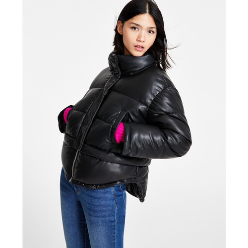 DKNY Womens Faux-Leather High-Low Hem Puffer Jacket