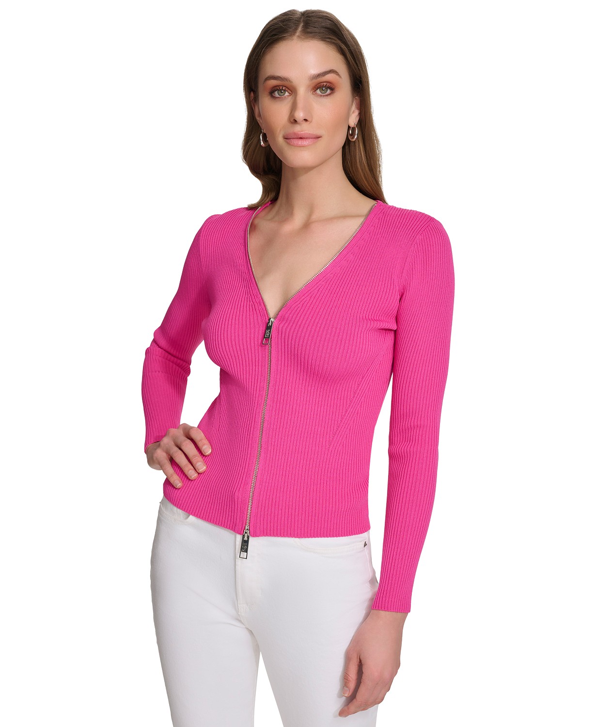 Womens Ribbed Zip-Front Sweater