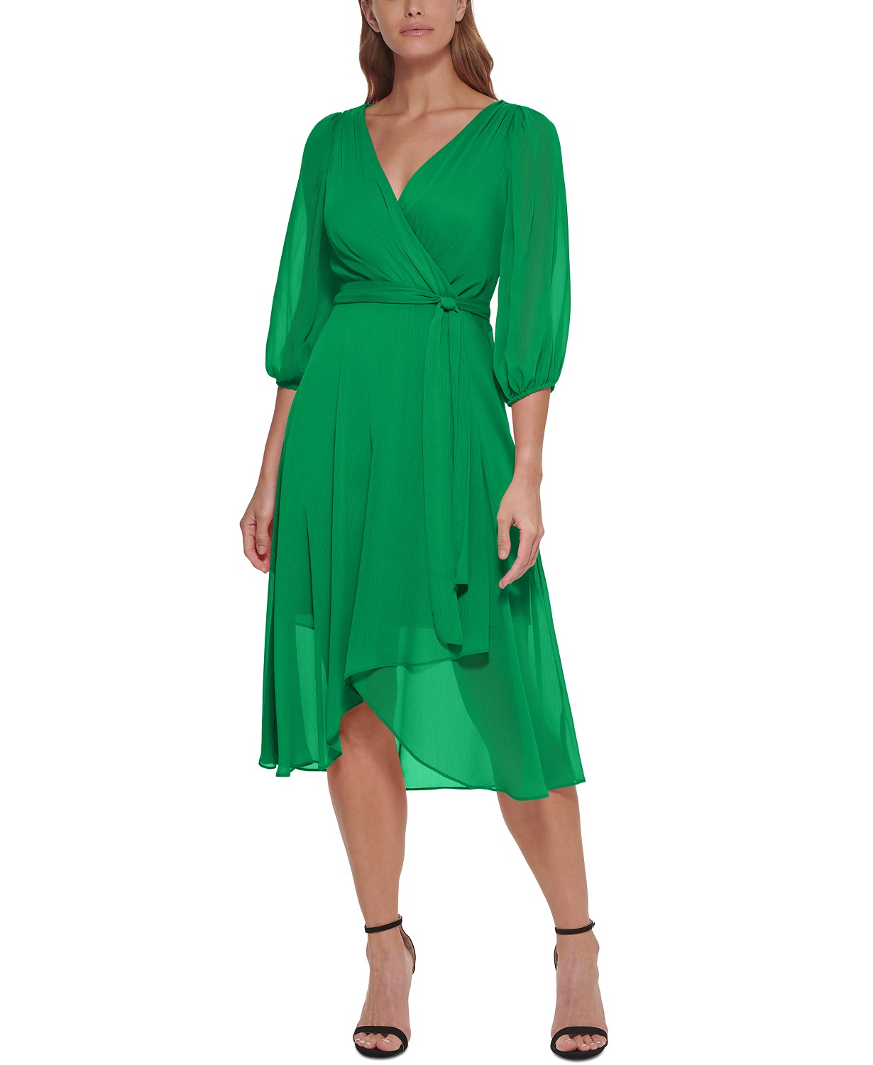Womens Chiffon 3/4-Sleeve Midi Dress