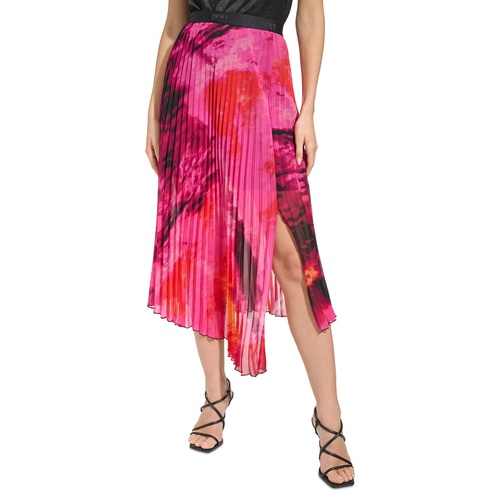 DKNY Womens Printed Pleated Asymmetrical-Hem Skirt