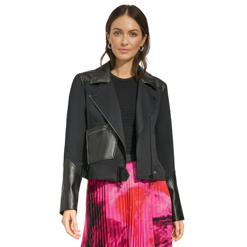 DKNY Womens Faux-Leather-Accent Moto Jacket