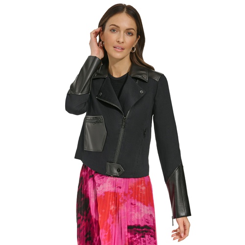 DKNY Womens Faux-Leather-Accent Moto Jacket