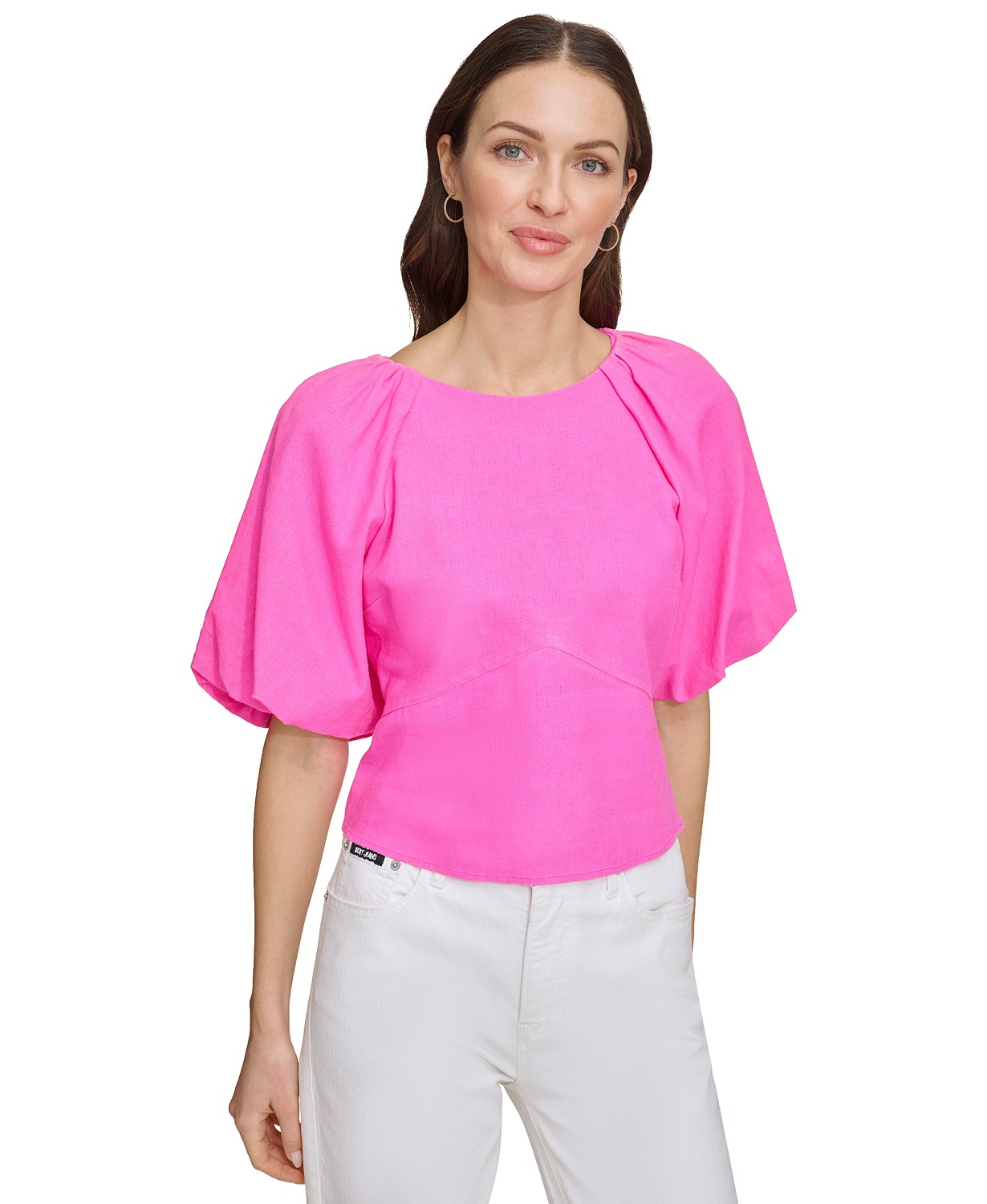 Womens Boat-Neck Short-Puff-Sleeve Top