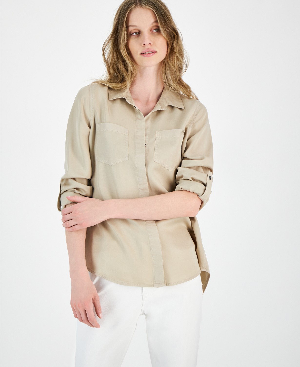 Womens Roll-Tab-Sleeve Button-Front Top