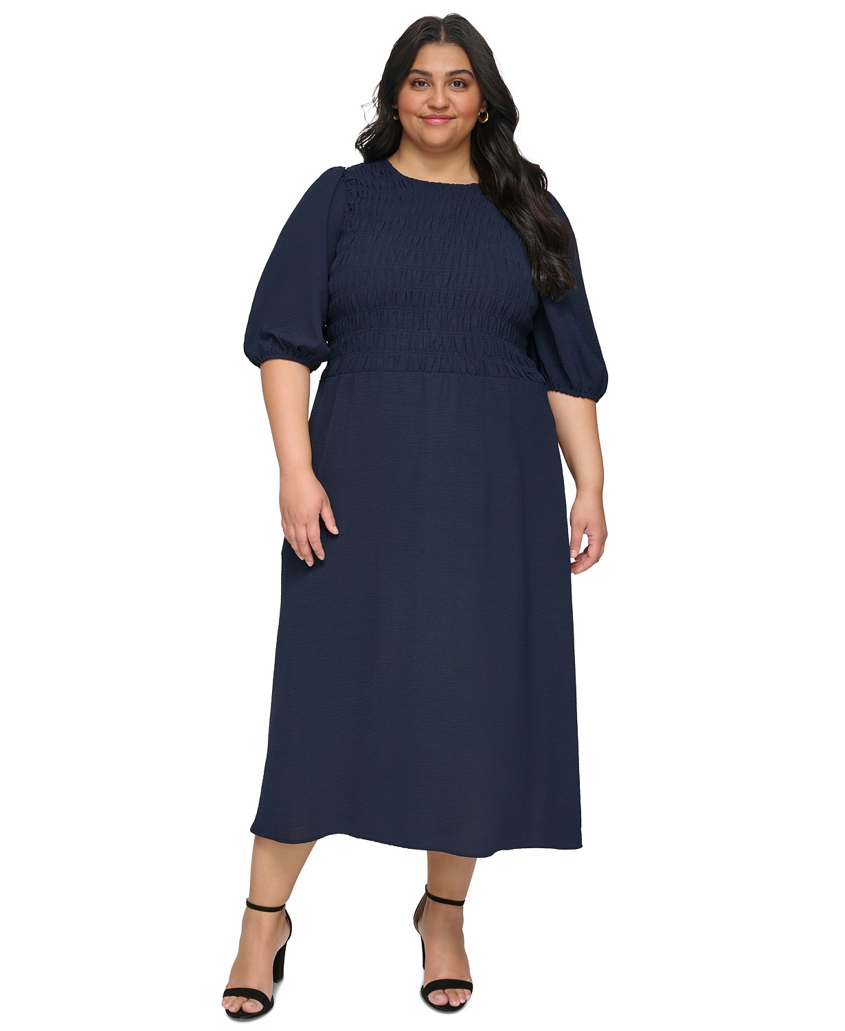 Plus Size Puff-Sleeve Smocked Midi Dress
