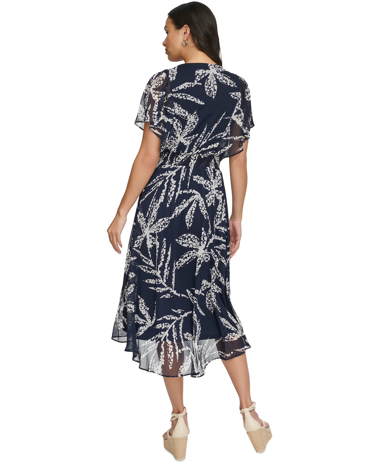 DKNY Womens Printed Chiffon Flutter-Sleeve Midi Dress
