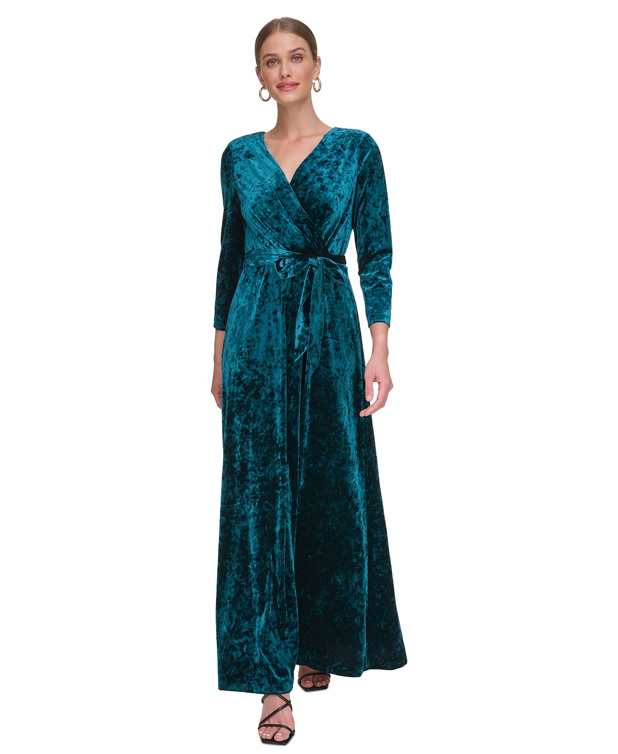 DKNY Womens Crushed-Velvet Belted Faux-Wrap Gown