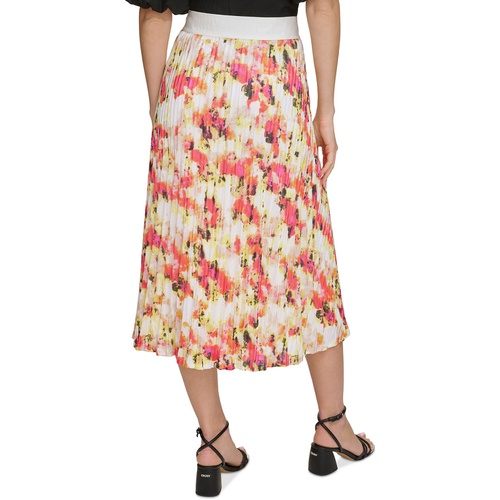 DKNY Womens Printed Pleated Pull-On Midi Skirt