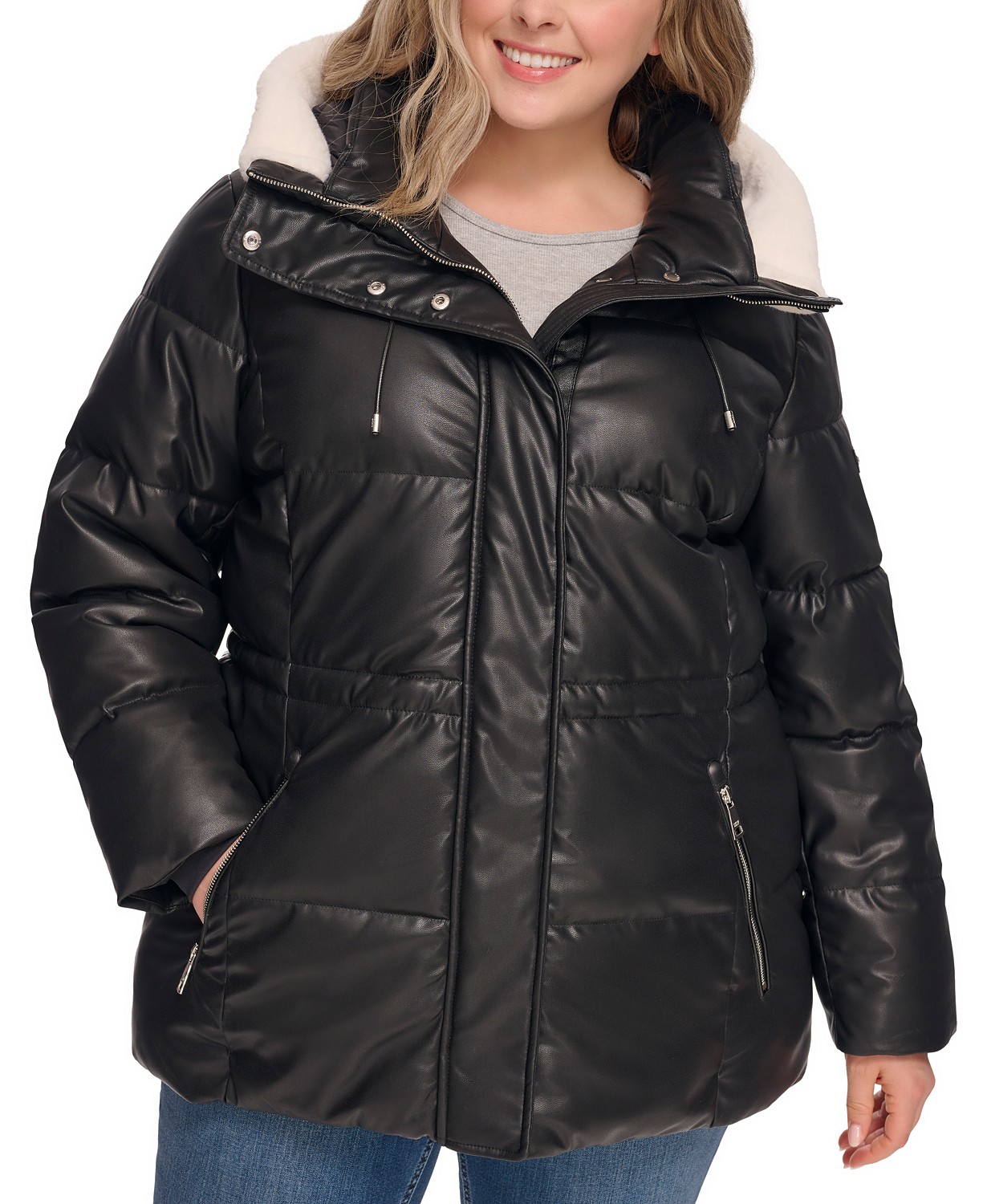 Womens Plus Size Faux-Leather Faux-Shearling Hooded Anorak Puffer Coat