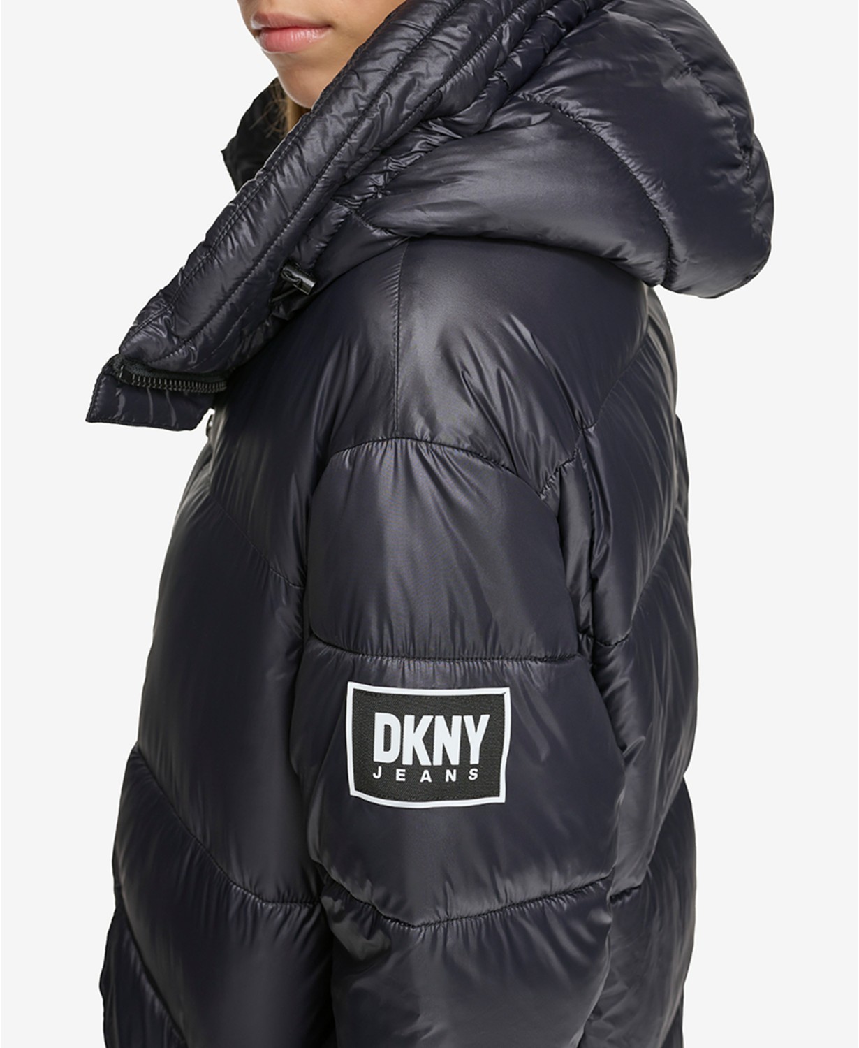 DKNY Womens Wet Shine Hooded Puffer Jacket